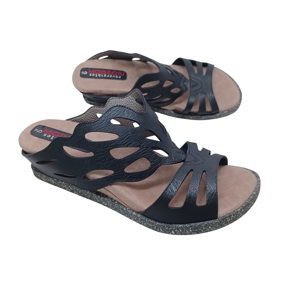 Modzori Reversibles Black Tan Laser Cut Wedge Sandals Womens Slip On Shoes US 9